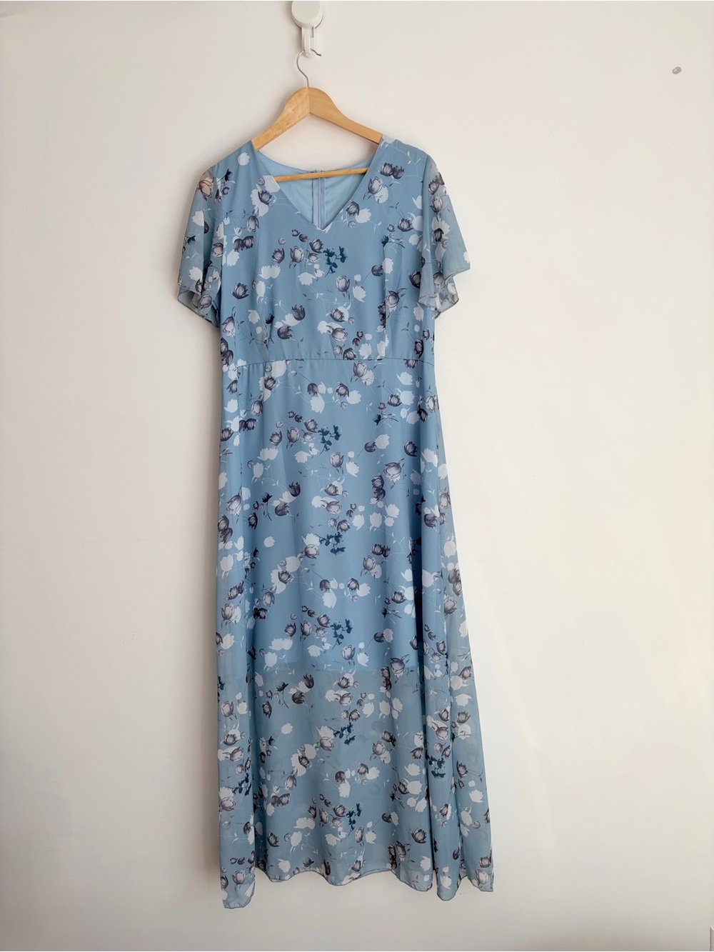 Ethereal Blue Floral Chiffon Maxi Dress Fairycore Soft Grunge L